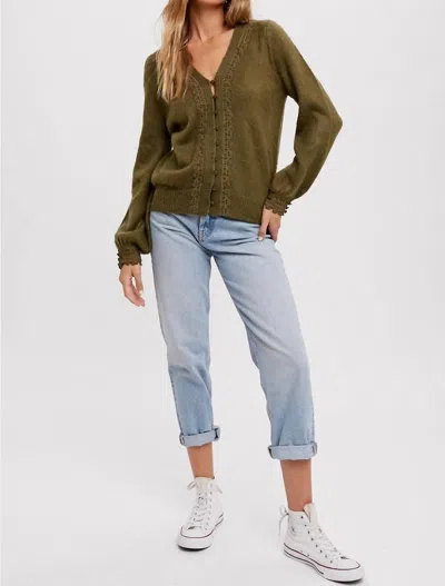 Bluivy Lace Trim Button Up Pullover In Olive In Green