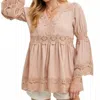 Bluivy Lace Trimmed Bell Sleeve V-neck Blouse In Nude Pink In Pink