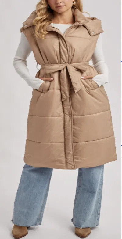 Bluivy Long Line Belt Puffer Hooded Vest In Taupe In Neutral