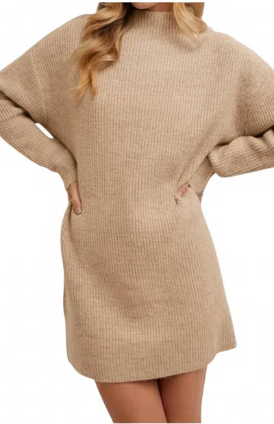 Bluivy Mock Neck Knit Sweater Mini Dress In Beige In Brown