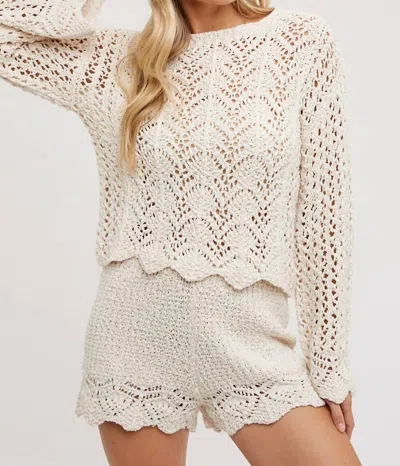 Bluivy Open Knit Sweater Pullover & Shorts Set In Cream In White