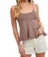 Bluivy Ruffled Hem Ribbed Cami With Adjustable Strap In Mushroom In Gray