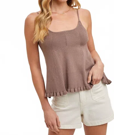 Bluivy Ruffled Hem Ribbed Cami With Adjustable Strap In Mushroom In Gray