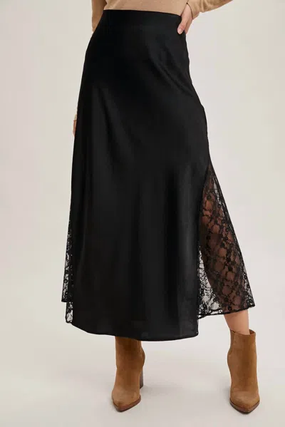 Bluivy Sazan Lace Trimmed Satin Midi Skirt In Black