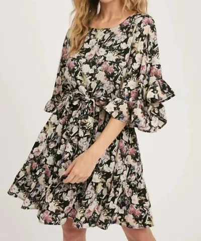 Bluivy Sheer Floral Tiered Midi Dress In Black In Multi