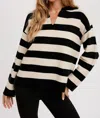 Bluivy Striped Collared Pullover In Black/cream In Black