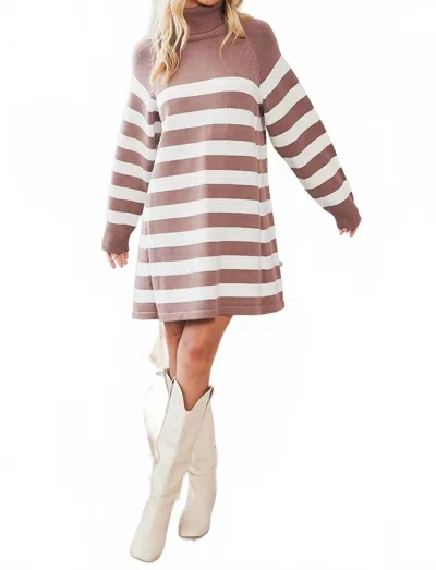 Bluivy Striped Turtleneck Sweater Dress In Taupe/white