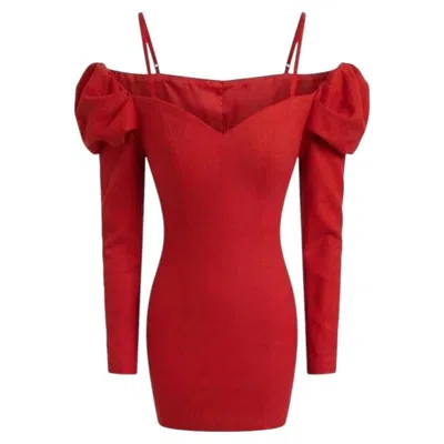Pre-owned Blumarine 1980s  Red Stretch Velvet Off Shoulder Cocktail Dress Puffy Sleeves