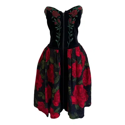 Pre-owned Blumarine 1991 Black Velvet Strapless Evening Dress With Red Roses