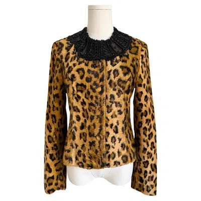 Pre-owned Blumarine 1994 Leopard Beaded Jacket Women's Cotton Rayon Italy In Brown