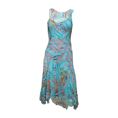 Pre-owned Blumarine 2000s Aqua Sheer Coral-print Asymmetric Midi Dress In Blue