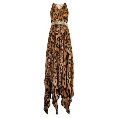 Pre-owned Blumarine 2008  Runway Leopard Chiffon Maxi-dress With Crystal Waistband In Brown