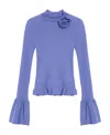 Blumarine Ruffle-trimmed Ribbed-knit Wool Sweater In Blue