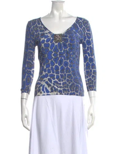 Pre-owned Blumarine Animal Print V-neck Top In Blue