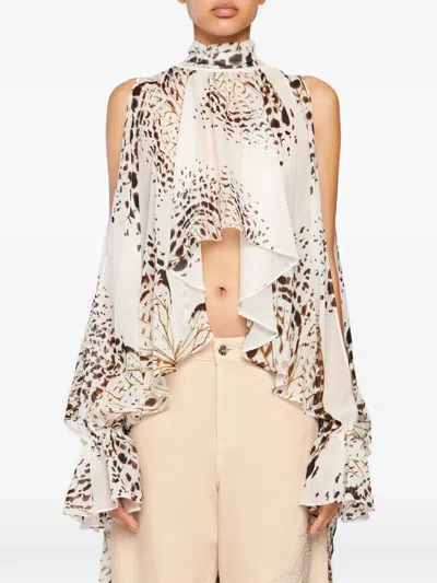 Blumarine Animal-print Ruffled Blouse In White