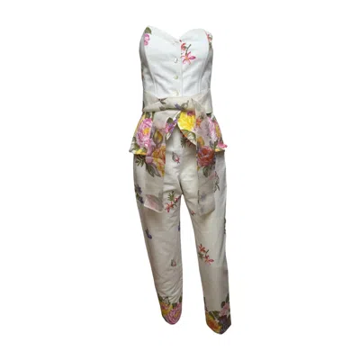 Pre-owned Blumarine Anna Molinari S/s 1992  White Floral Print Cotton Peplum Bustier And Tapered Trouser Ensemb