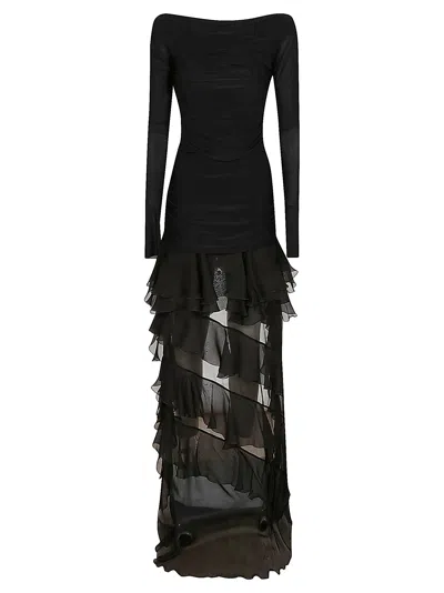 Blumarine Asymmetric Lace Ruched Paneled Dress In Black