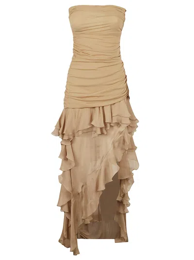 Blumarine Asymmetric Ruffled Off-shoulder Dress In Almond