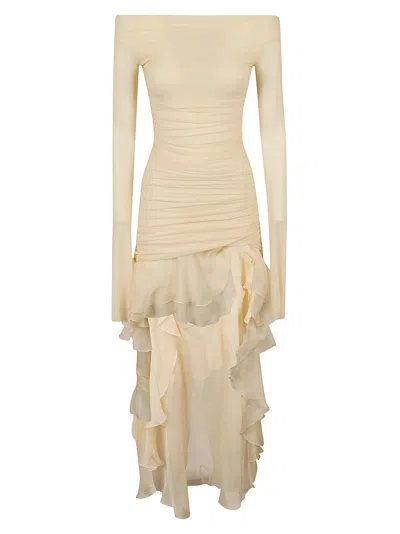 Blumarine Asymmetric Ruffled Off-shoulder Dress In Cream
