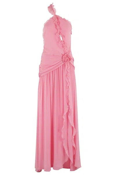 Blumarine Asymmetrical Silk Dress With Ruffled Detail In Pink