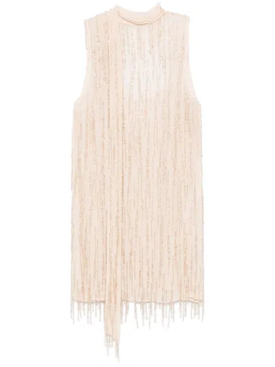Blumarine Bead-embellished Georgette Mini Dress In Neutrals
