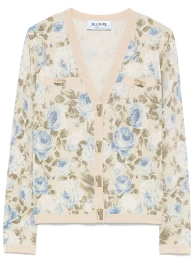 Blumarine Beige Cardigan With Floral Print In Rosa E Oro
