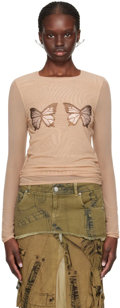 Blumarine Beige Graphic Long Sleeve T-shirt In N0144 Cameo Rose
