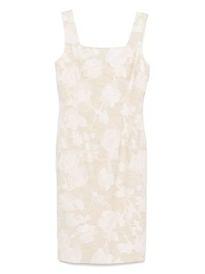 Blumarine Beige Midi Dress With Roses And Slit