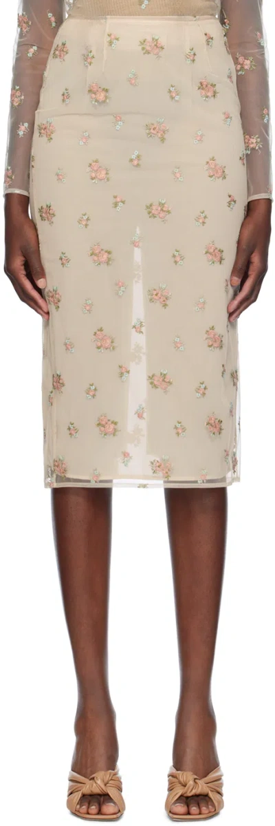 Blumarine Beige Sheer Floral Midi Skirt In F1427 Grain\ginger