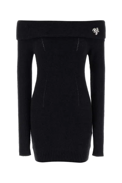 BLUMARINE BLACK ALPACA BLEND OFF-THE-SHOULDER MINI DRESS