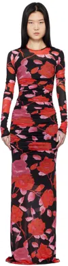 Blumarine Fine Jer Printed Maxi Dress In F9903 Black/rouge No