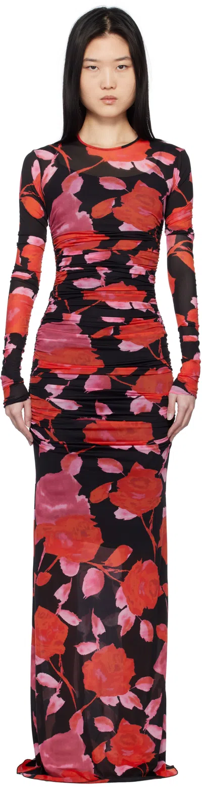 BLUMARINE BLACK & RED FLORAL PRINT MAXI DRESS