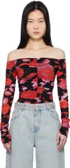Blumarine Printed Off-the-shoulder Stretch-jersey Top In F9903 Black/rouge No