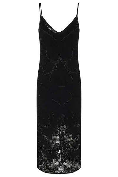 Blumarine Black Butterfly V-neck Macrame Work Cotton Day Dress