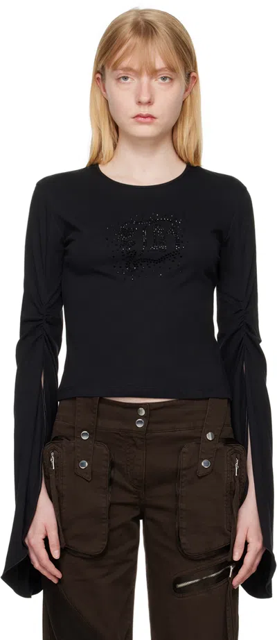 Blumarine Black Crystal-cut Long Sleeve T-shirt In N0990 Black