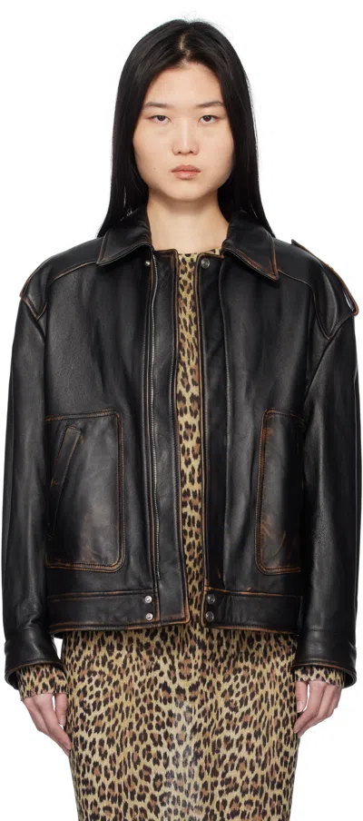 Blumarine Black Faded Leather Biker Jacket In N0990 Black