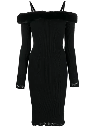 BLUMARINE BLACK FAUX FUR NECK MIDI DRESS