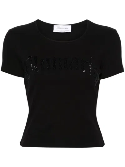 BLUMARINE BLACK LOGO RIBBED COTTON CROPPED T-SHIRT