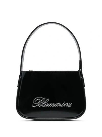 Blumarine Black Patent Finish Mini Bag With Rhinestone-embellished Logo In Calf Leather