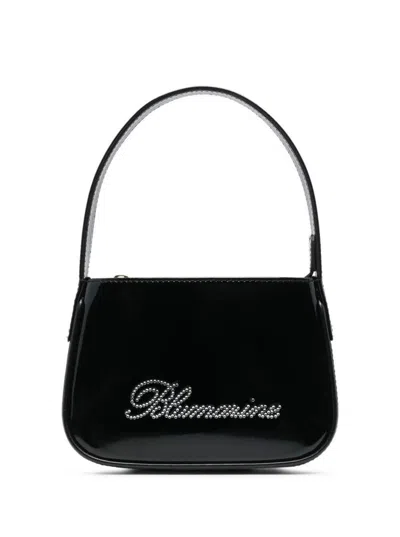 Blumarine Black Patent Finish Mini Bag With Rhinestone-embellished Logo In Calf Leather Woman