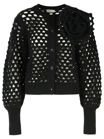 Blumarine Black Rose Detail Openwork Wool Cardigan