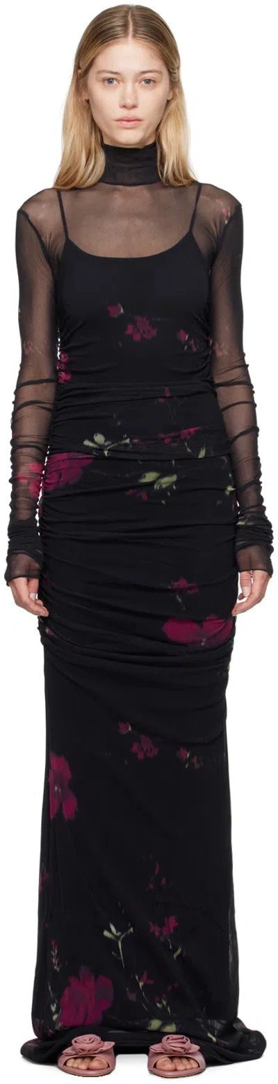 BLUMARINE BLACK ROSE PRINT MAXI DRESS