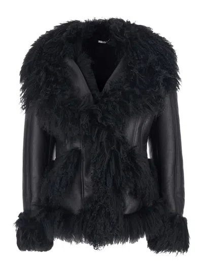 BLUMARINE BLACK SHEARLING JACKET WITH WIDE REVERS AND FRONT SNAP BUTTON CLOSURE IN LEATHER AND FUR WOMAN