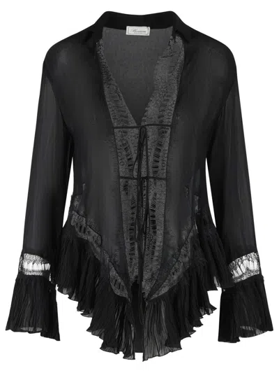 Blumarine Viscose Shirt Long Sleeves Sheer Ruffles Lace In Black