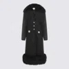 Blumarine Long Structured Coat With Floral Embellishments And Silver Buttons In Black