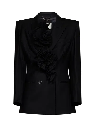 Blumarine Black Wool-blend Double-breasted Blazer With 3d Roses In Multi