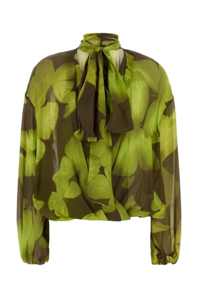 Blumarine Georgette Blouse Bow Detail Floral Sheer In Green