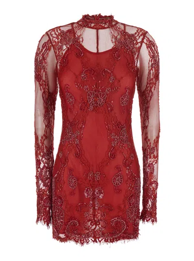 Blumarine Blush Tech Fabric Round-collar Long-sleeve Mini Dress For Women In Red