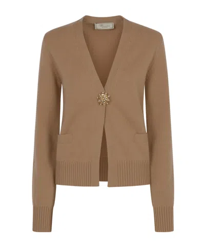 Blumarine Brooch-detail Cardigan In Brown