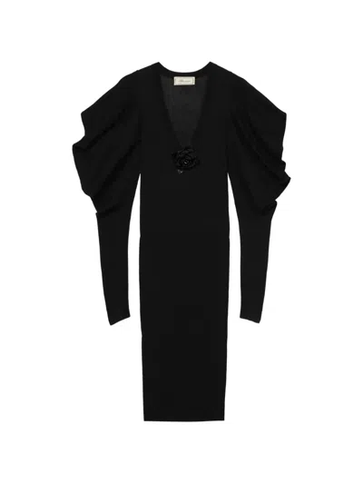 Blumarine Brooch-detail Puffed-sleeve Midi Dress In Black